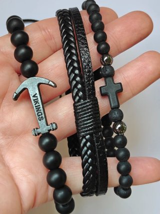 Set 3 Pulseras Hombre Negra Vikings