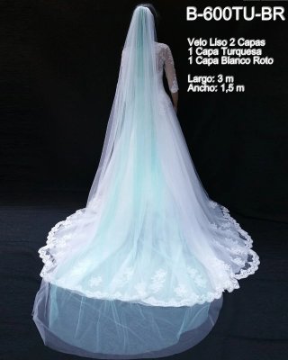 Velo de Novia Largo 2 Capas Blanco y Turquesa