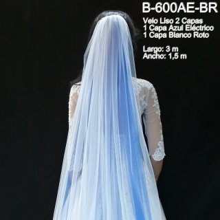 Velo Novia Largo 2 Capas Azul Eléctrico y Blanco