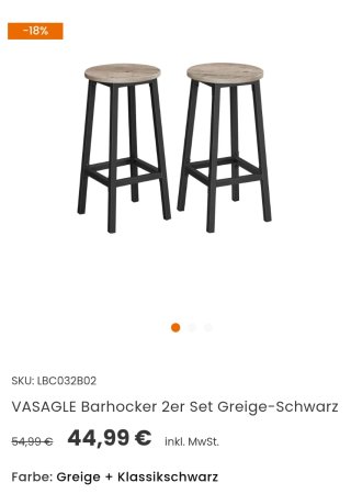 VASAGLE Sgabelli da Bar, 2 Grigio e Nero