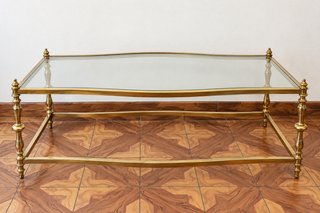 MESA DE CENTRO ANTIGUA DE BRONCE Y CRISTAL
