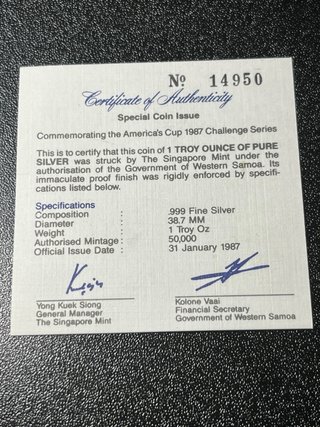 Moneda Plata America's Cup 1987 Perth
