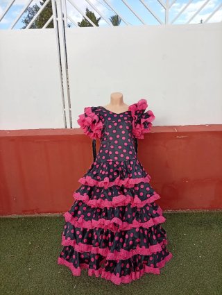 487 Traje de Sevillana lunares rosa y negro XS/S