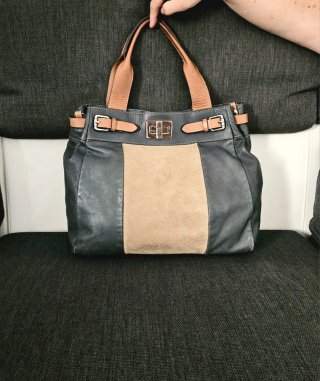 Borsa vera pelle verde petrolio e beige