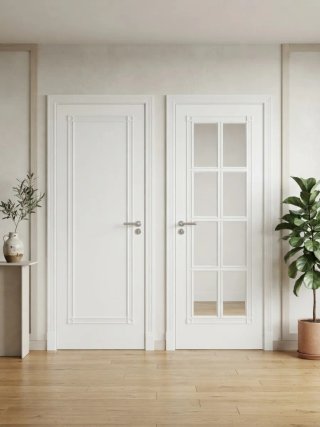 Lote de puertas de haya lacadas en blanco.