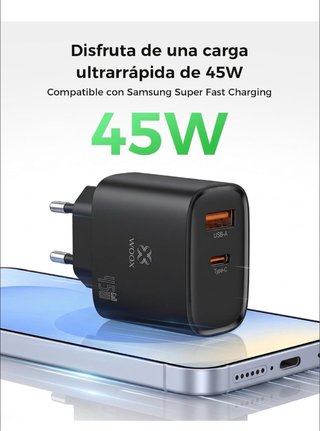 Cargador USB Woox 45W Carga Rápida