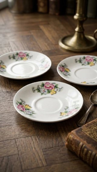Set 3 Piattini Vintage Ceramica Fiori Bordo Oro