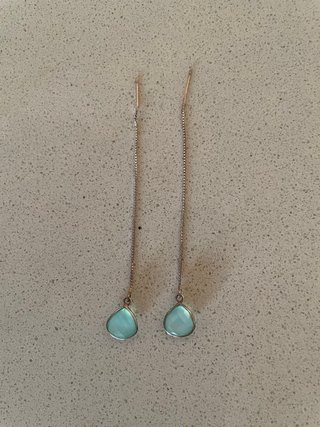 Pendientes Largos Plateados con Gota Turquesa