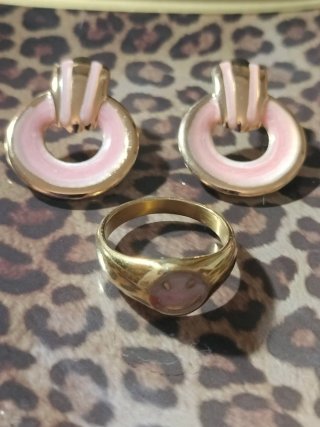 Conjunto Anillo y Pendientes Aro Rosa Dorado