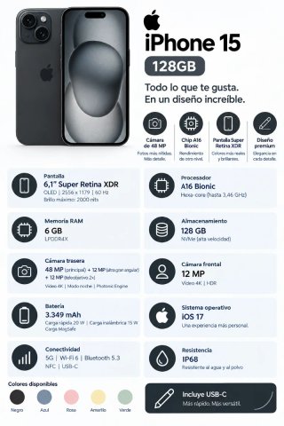 IPHONE 15 256GB// BAT100%!!GARANTÍA!!CAMBIOS!!