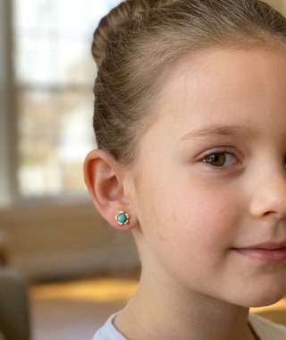 Pendientes Bebé Oro 18k Flor Turquesa Cierre Rosca