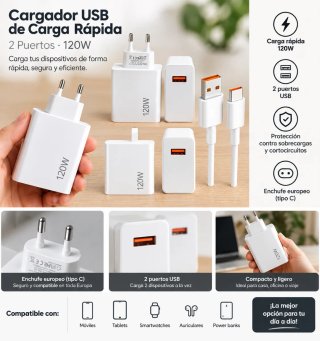 Cargador USB 120W 2 Puertos + Cable