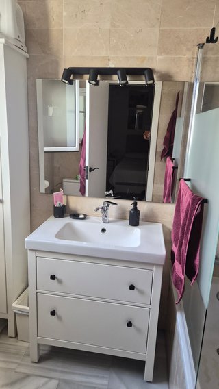 Muebles de baño con lavabo, armario y mampara