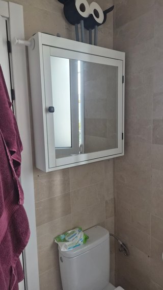Muebles de baño con lavabo, armario y mampara