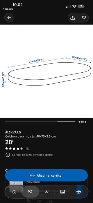 Colchón moisés Älskvärd IKEA 40x73x3.5 cm