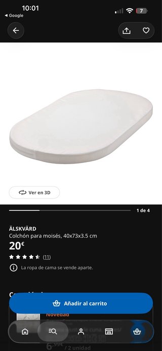 Colchón moisés Älskvärd IKEA 40x73x3.5 cm