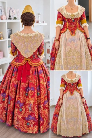 Traje de Fallera Talla 40 Rojo Floral Dorado