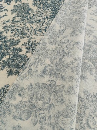 Tela loneta diseño Toile de Jouy azul