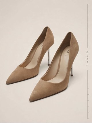 Salones Zara Beige Ante Tacón Plateado Talla 40
