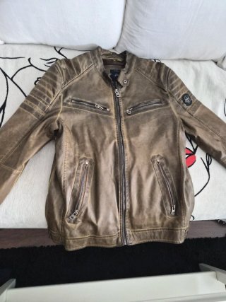 Cazadora Biker Cuero Marrón Efecto Envejecido