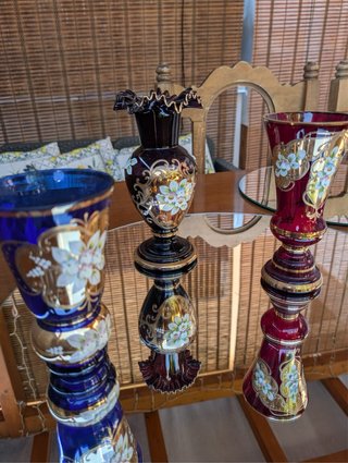 Set di 3 Vasi Vintage vetro di Boemia e oro