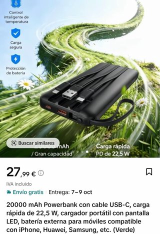 Powerbank 20000 mAh Carga Rápida USB-C