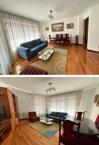 Salón: mesa, sillas, armario, alfombra y butaca