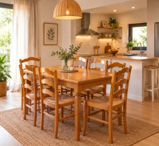 Conjunto 6 Sillas de Madera y Cómoda con Vitrina
