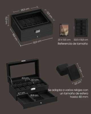 SONGMICS Caja Relojes 12 Compartimentos JWB012B03