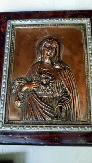 Placa antigua de la Virgen con Sagrado Corazón