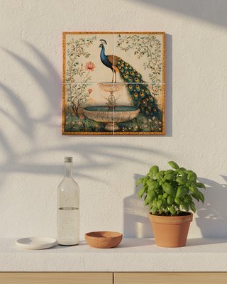 Mural di pavone botanico in piastrelle di ceramica artigianali