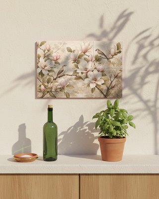 Mural di piastrelle con magnolia e uccelli in ceramica smaltata
