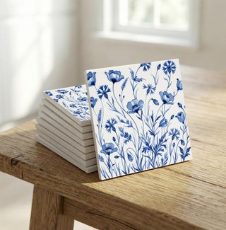 Pack 6 azulejos florales azules 10x10 cm cerámica