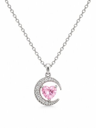 Collar de Plata con Luna y Corazón Rosa Acero