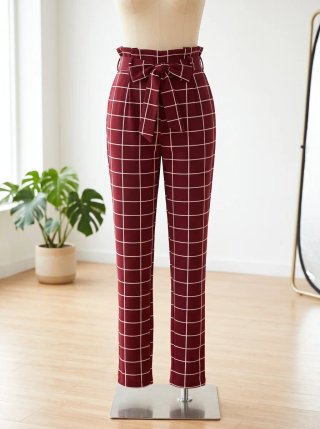 Pantalón Burdeos de Cuadros con Cinturón