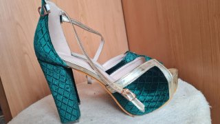 Zapatos de Tacón Terciopelo Verde y Dorado