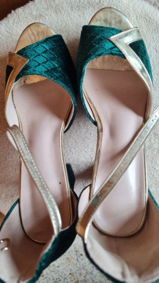Zapatos de Tacón Terciopelo Verde y Dorado
