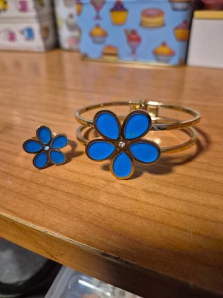 Conjunto Pulsera y Anillo Flor Azul Acero
