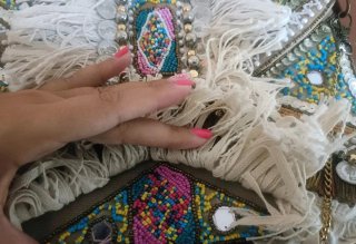 Bolso boho étnico flecos abalorios monedas decorat