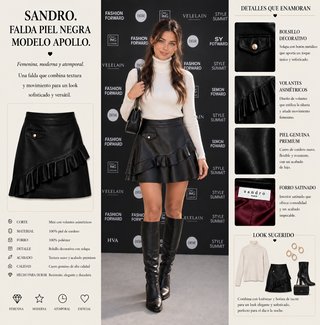 Falda corts piel negra vuelo, perla con etiqueta