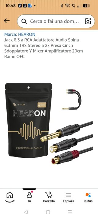 Adattatore Audio Jack 6.3mm a 2x RCA