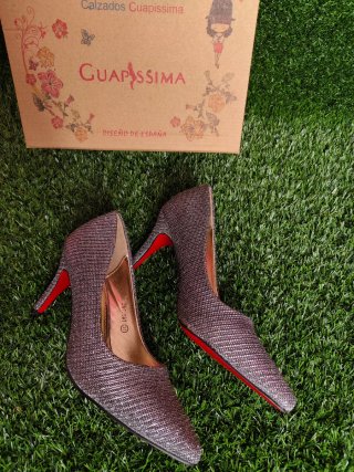 Zapatos de tacón plateados y rojos tallas 39-40
