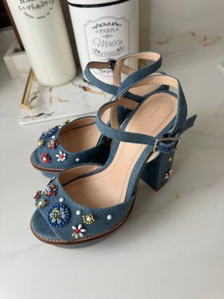 Sandalias Denim Tacón con abalorios en flor