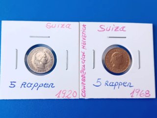 2 Monedas Suizas 5 Rappen (1920 y 1968)