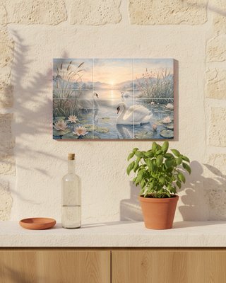 Mural piastrelle cigni lago ninfee ceramica esma