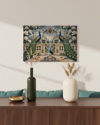 Mural con pavone neoclassico, piastrelle in ceramica per pareti