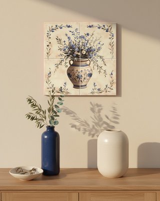 Mural in ceramica floreale con vaso blu, piastrelle