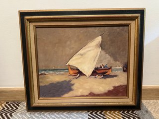 Pintura antigua de barco en la playa