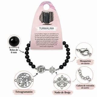 Pulsera de Turmalina Negra 6mm con Dijes