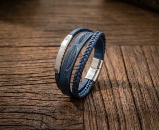 Pulsera Multicapa Cuero Azul y Negro 21cm